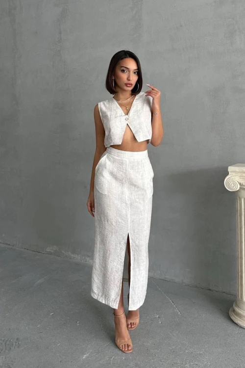 Ekru Düğmeli Bluz Ve Etekli Kendinden Dokulu Alt Üst Takım BCHN-25255013