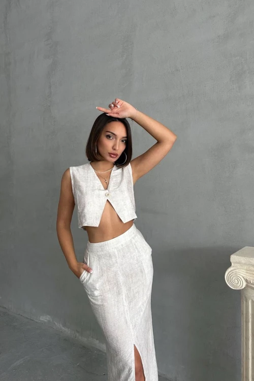 Ekru Düğmeli Bluz Ve Etekli Kendinden Dokulu Alt Üst Takım BCHN-25255013