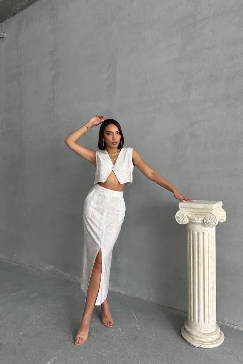 Ekru Düğmeli Bluz Ve Etekli Kendinden Dokulu Alt Üst Takım BCHN-25255013