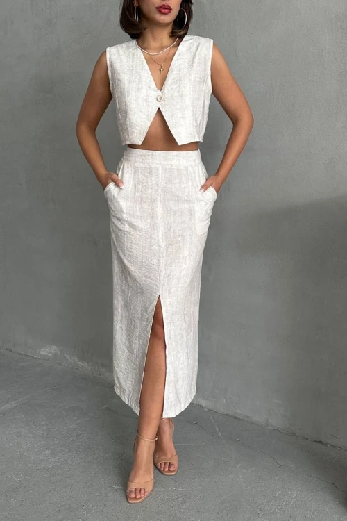 Ekru Düğmeli Bluz Ve Etekli Kendinden Dokulu Alt Üst Takım BCHN-25255013