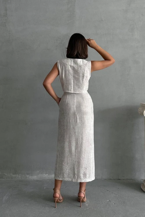 Ekru Düğmeli Bluz Ve Etekli Kendinden Dokulu Alt Üst Takım BCHN-25255013