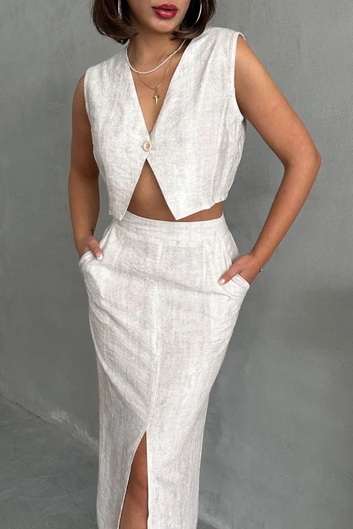 Ekru Düğmeli Bluz Ve Etekli Kendinden Dokulu Alt Üst Takım BCHN-25255013