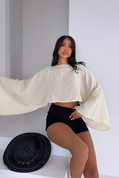 Ekru Geniş Yaka Yarasa Kol Muslin Kumaş Keten Bluz BCBT-251003