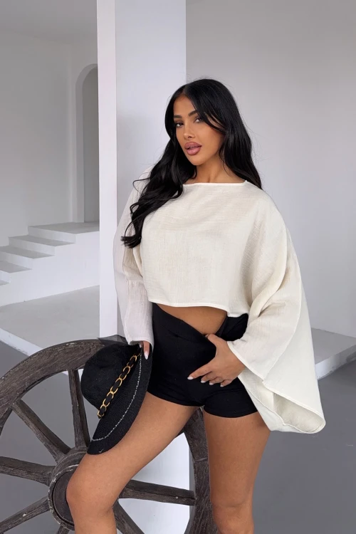 Ekru Geniş Yaka Yarasa Kol Muslin Kumaş Keten Bluz BCBT-251003