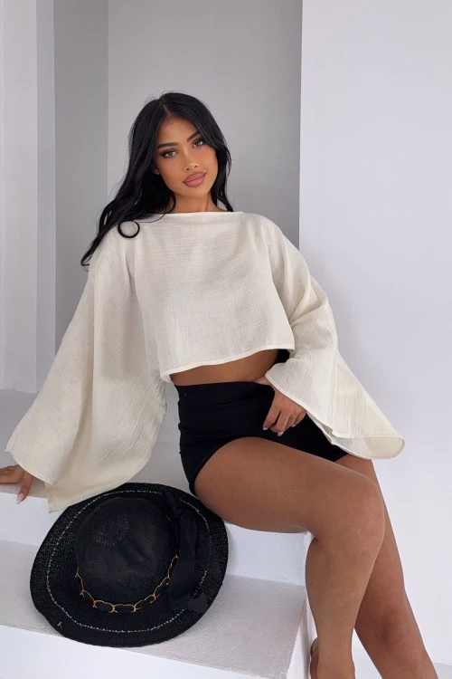 Ekru Geniş Yaka Yarasa Kol Muslin Kumaş Keten Bluz BCBT-251003