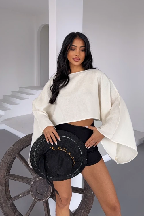 Ekru Geniş Yaka Yarasa Kol Muslin Kumaş Keten Bluz BCBT-251003