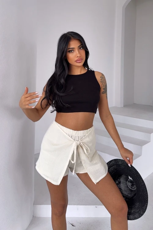 Ekru Kruvaze Bağlamalı Muslin Kumaş Keten Dokuma Şort BCBT-251002