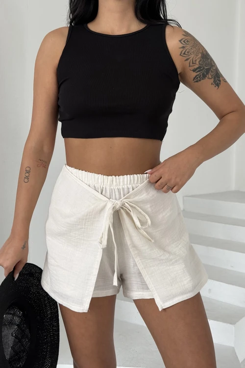 Ekru Kruvaze Bağlamalı Muslin Kumaş Keten Dokuma Şort BCBT-251002