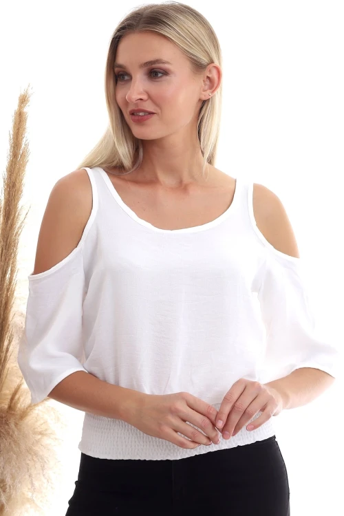 Ekru Omuzu Açık Beli Lastikli Kısa Kol Ayrobin Dokuma Bluz CO-2520333451