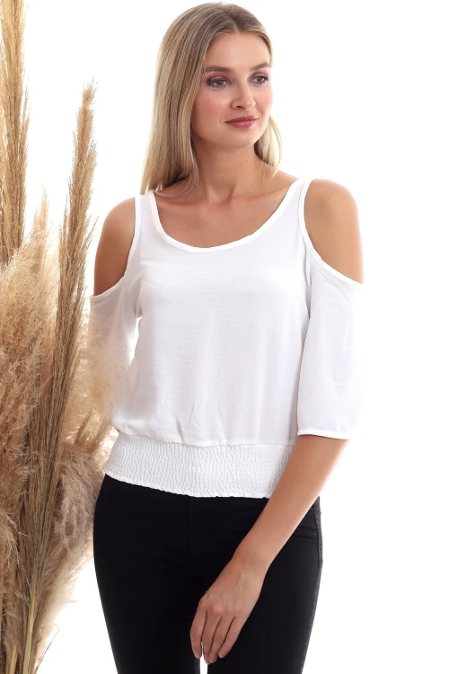 Ekru Omuzu Açık Beli Lastikli Kısa Kol Ayrobin Dokuma Bluz CO-2520333451