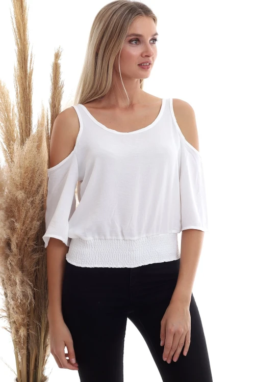 Ekru Omuzu Açık Beli Lastikli Kısa Kol Ayrobin Dokuma Bluz CO-2520333451