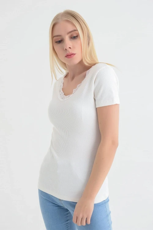 Ekru Önü Arkası V Dantelli Kısa Kol Kaşkorse Bluz CO-2591515270