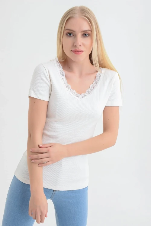 Ekru Önü Arkası V Dantelli Kısa Kol Kaşkorse Bluz CO-2591515270