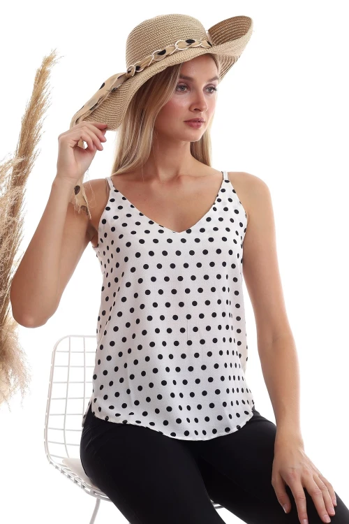 Ekru Puantiye Desenli İp Askılı Bluz CO-2520333453