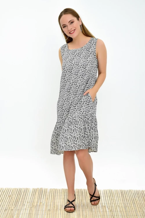 Ekru Siyah Fırfırlı Cepli Kolsuz Dokuma Elbise CO-2593030322