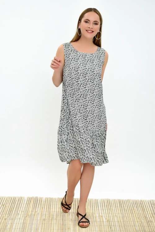 Ekru Siyah Fırfırlı Cepli Kolsuz Dokuma Elbise CO-2593030322