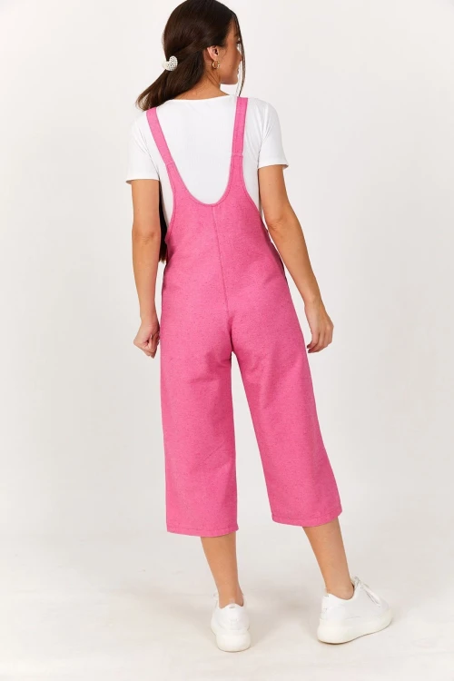 Fuşya Önü Cepli Askılı Yazlık Gabardin Bahçıvan Tulum BCDF-234202