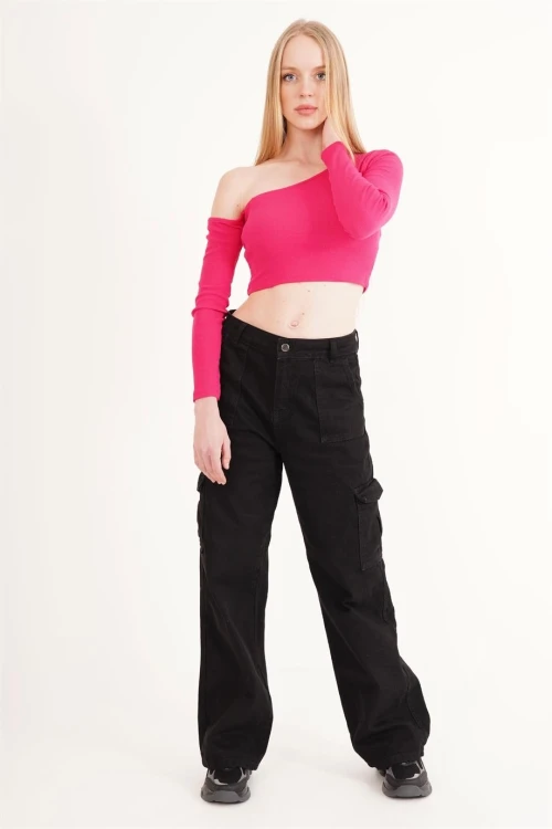 Fuşya Tek Omuz Dekolteli Uzun Kol Kaşkorse Bluz CO-2523254281