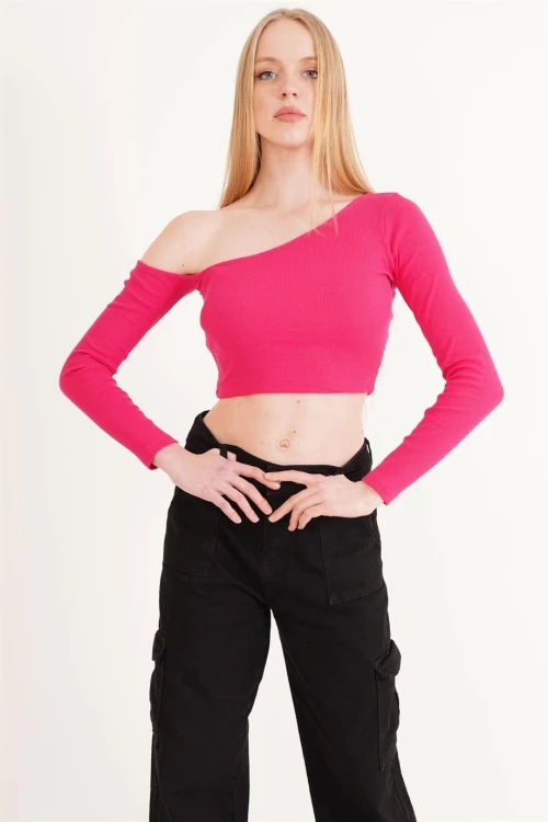 Fuşya Tek Omuz Dekolteli Uzun Kol Kaşkorse Bluz CO-2523254281