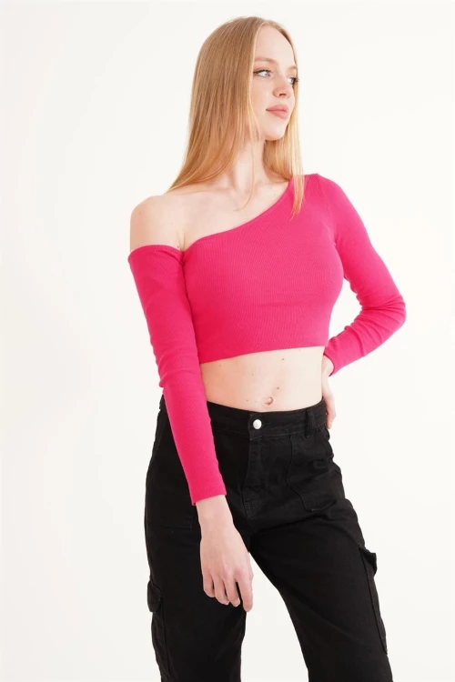 Fuşya Tek Omuz Dekolteli Uzun Kol Kaşkorse Bluz CO-2523254281