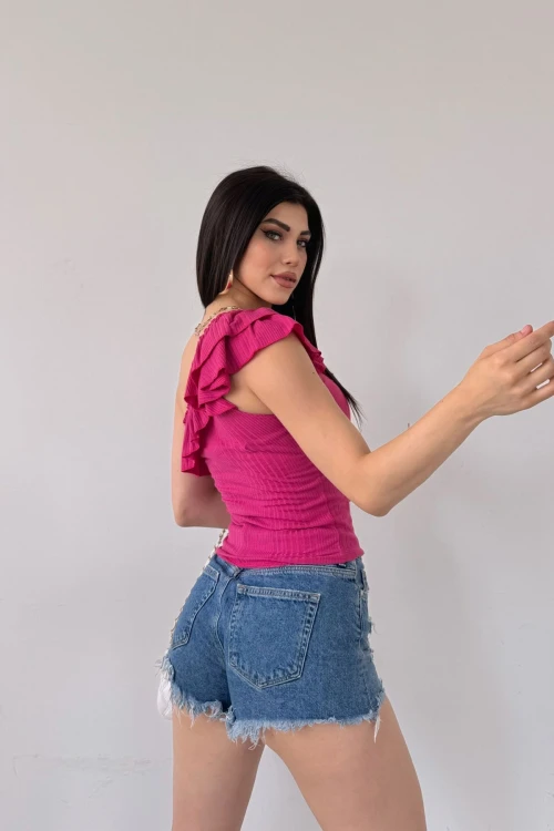 Fuşya Tek Omuz Fırıfır Detaylı Bluz BCDF-251088