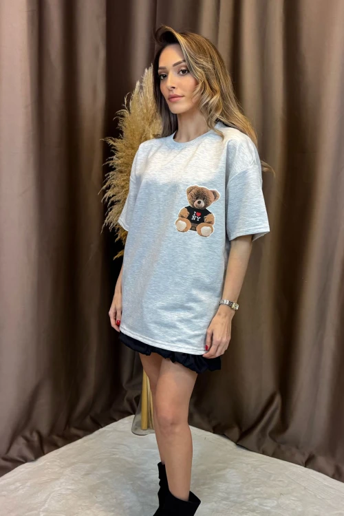 Gri Ön Ve Arka Ayıcık Baskılı Love Ny 2 İplik Örme Tişört BCCL-253007