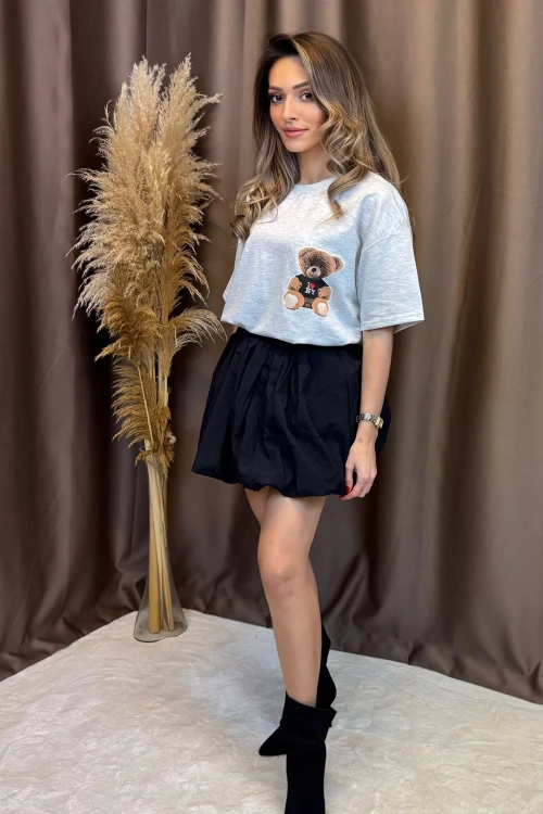 Gri Ön Ve Arka Ayıcık Baskılı Love Ny 2 İplik Örme Tişört BCCL-253007