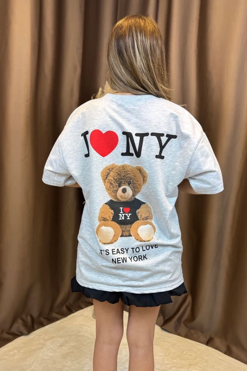 Gri Ön Ve Arka Ayıcık Baskılı Love Ny 2 İplik Örme Tişört BCCL-253007