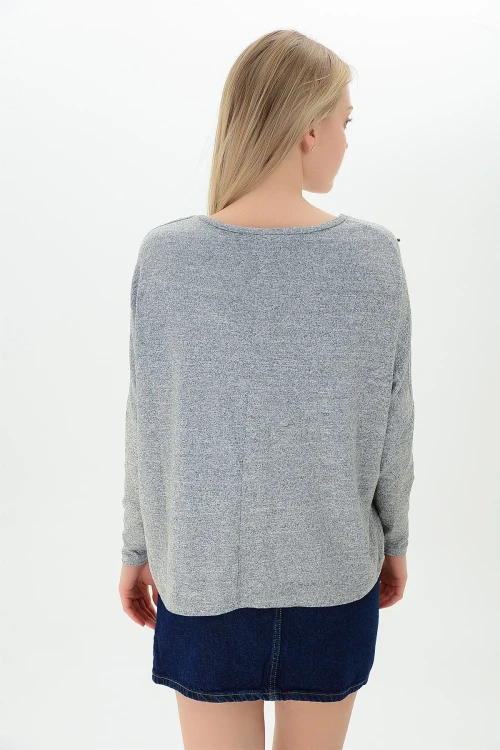 Gri V Yaka Önü İncili Yumoş Bluz CO-259100930