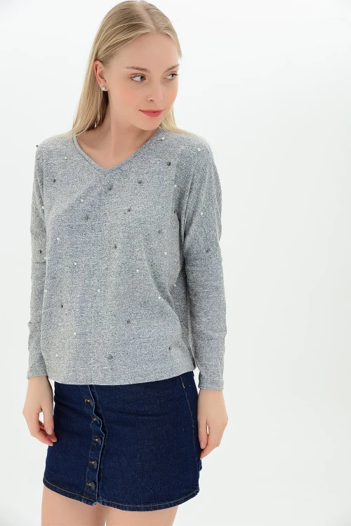 Gri V Yaka Önü İncili Yumoş Bluz CO-259100930