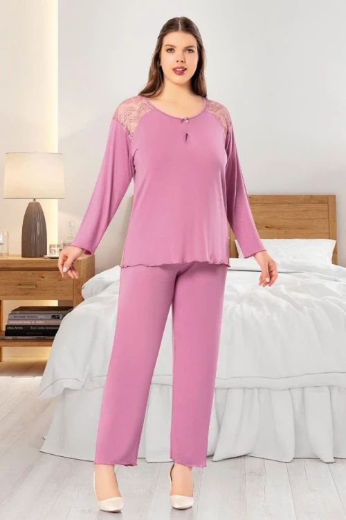 Gül Kurusu Dantel Detaylı Battal Pijama Takımı BCAN-258804FA