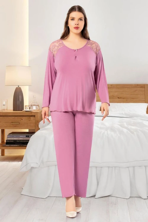 Gül Kurusu Dantel Detaylı Battal Pijama Takımı BCAN-258804FA