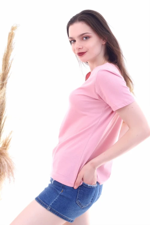 Gül Kurusu V Yaka Boyfriend Tişört CO-257050466