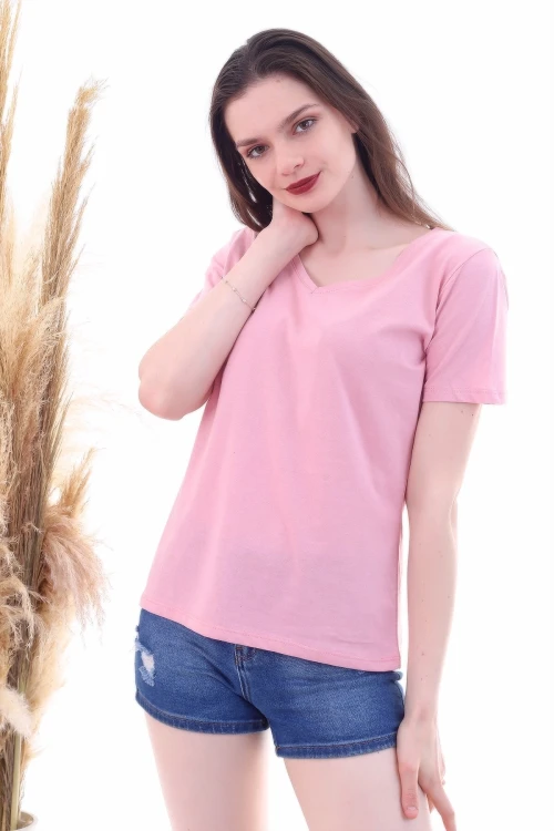 Gül Kurusu V Yaka Boyfriend Tişört CO-257050466