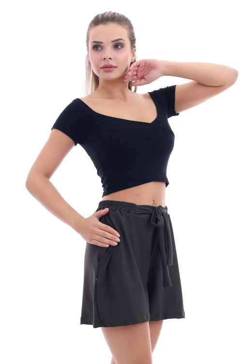 Haki Cepli Bağlamalı Beli Lastikli Şort CO-2520064507