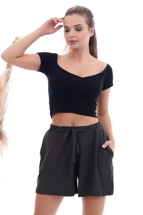 Haki Cepli Bağlamalı Beli Lastikli Şort CO-2520064507