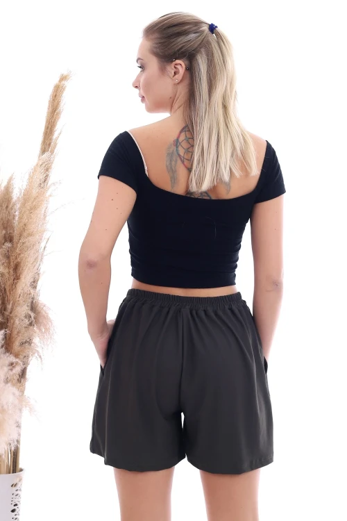 Haki Cepli Bağlamalı Beli Lastikli Şort CO-2520064507