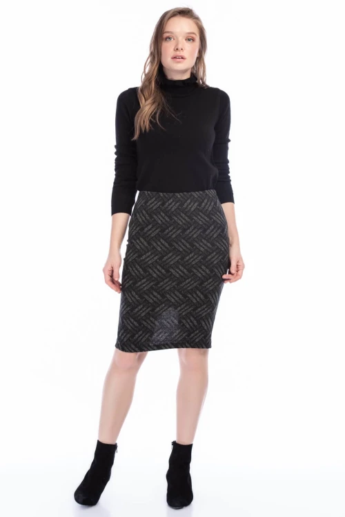 Haki Hasır Desenli Beli Lastikli Yırtmaçlı Kalem Etek CO-258515171