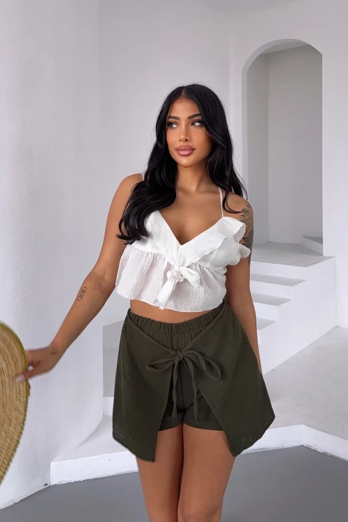 Haki Kruvaze Bağlamalı Muslin Kumaş Keten Dokuma Şort BCBT-251002