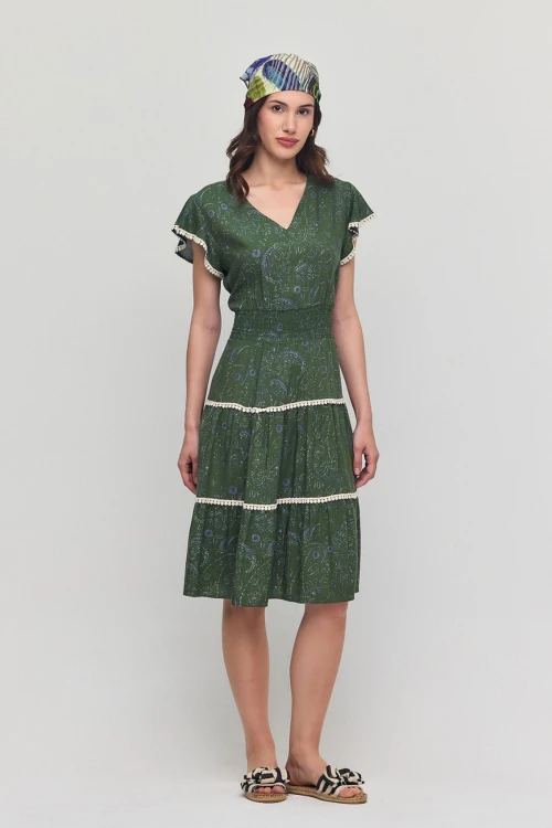 Haki V Yaka Nervürlü Çiçek Desenli Yazlık Viscon Elbise BCVL-25V054