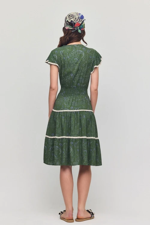 Haki V Yaka Nervürlü Çiçek Desenli Yazlık Viscon Elbise BCVL-25V054