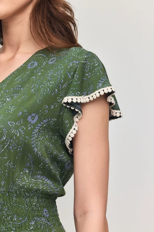 Haki V Yaka Nervürlü Çiçek Desenli Yazlık Viscon Elbise BCVL-25V054