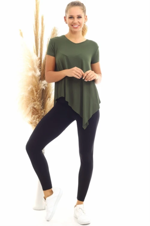 Haki Viskon V Yaka Asimetrik Kesim Kısa Kol Bluz