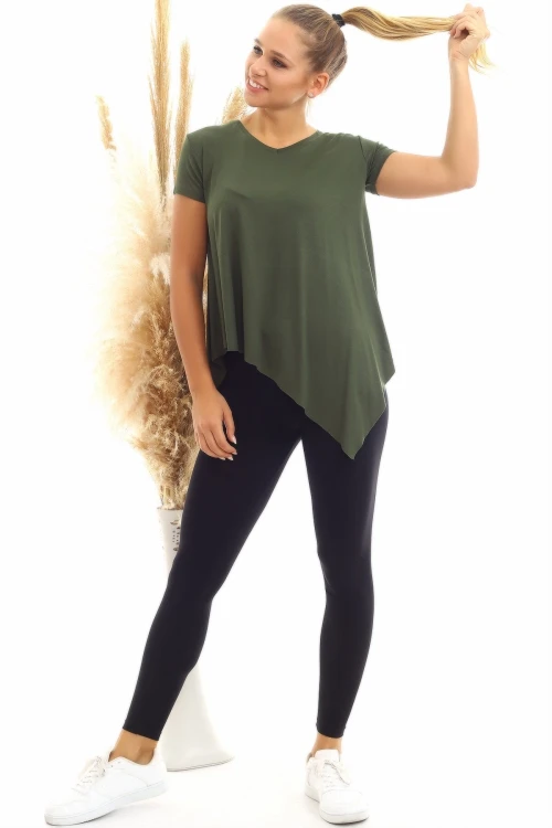 Haki Viskon V Yaka Asimetrik Kesim Kısa Kol Bluz