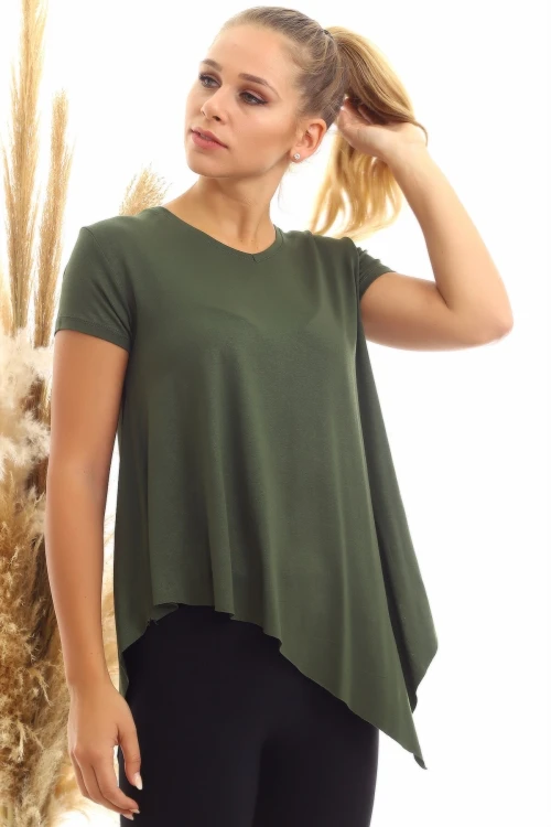 Haki Viskon V Yaka Asimetrik Kesim Kısa Kol Bluz