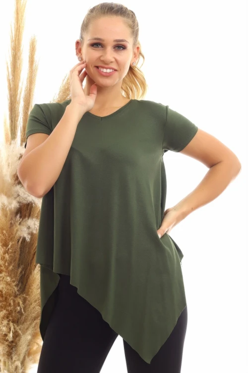 Haki Viskon V Yaka Asimetrik Kesim Kısa Kol Bluz