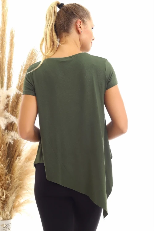 Haki Viskon V Yaka Asimetrik Kesim Kısa Kol Bluz