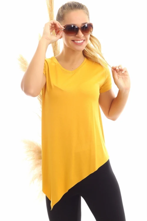 Hardal Viskon V Yaka Asimetrik Kesim Kısa Kol Bluz CO-2520060632