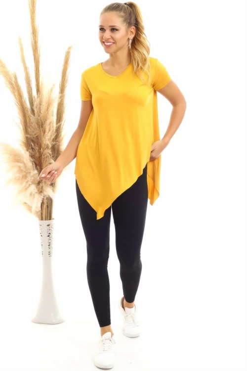 Hardal Viskon V Yaka Asimetrik Kesim Kısa Kol Bluz CO-2520060632