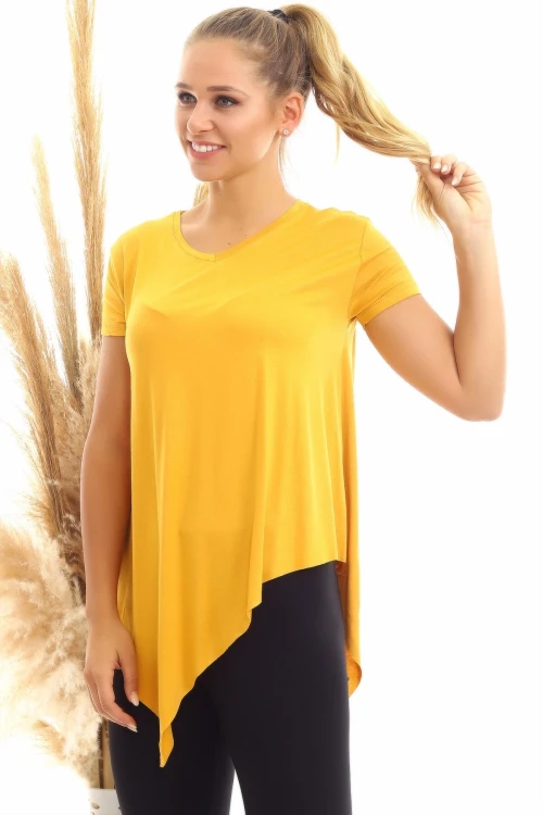 Hardal Viskon V Yaka Asimetrik Kesim Kısa Kol Bluz CO-2520060632